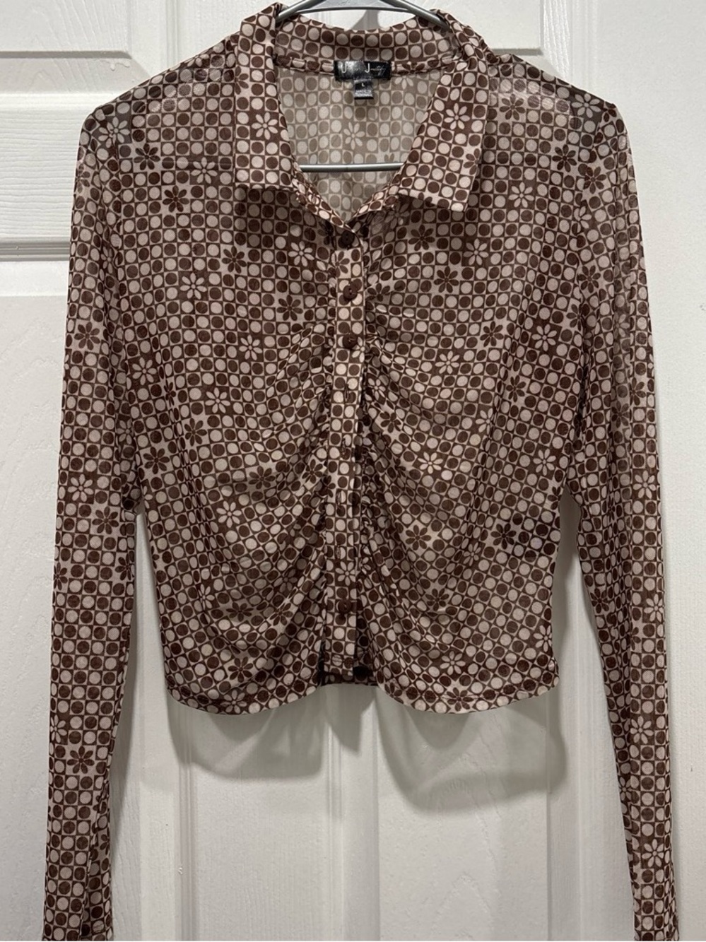 J for Justify Brown Retro Ruched Button Front Top
